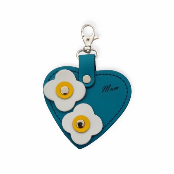 Love heart bag charm - with 'Mum' engraving and flower appliques - Teal