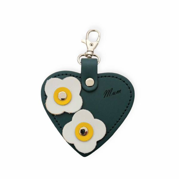 Love heart bag charm - with 'Mum' engraving and flower appliques - Pine