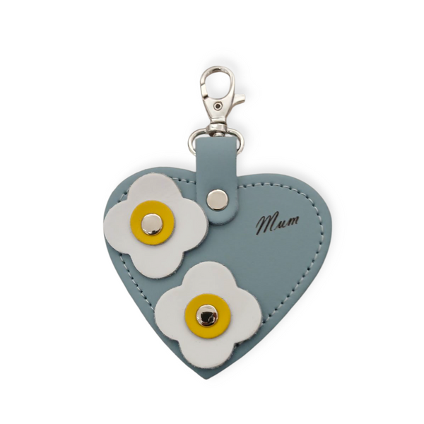 Love heart bag charm - with 'Mum' engraving and flower appliques - Sea Green