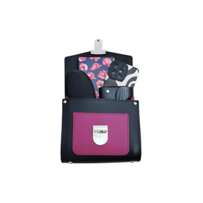 Handmade Leather Two Tone Sugarcube Handbag Black - Magenta